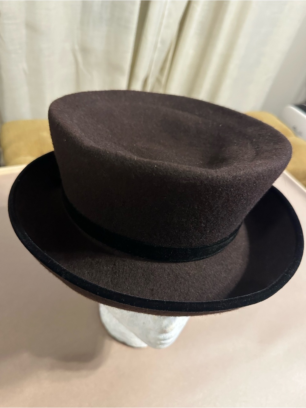 Eric Javits Brown Wool Hat with Black Ribbon Tag flat top